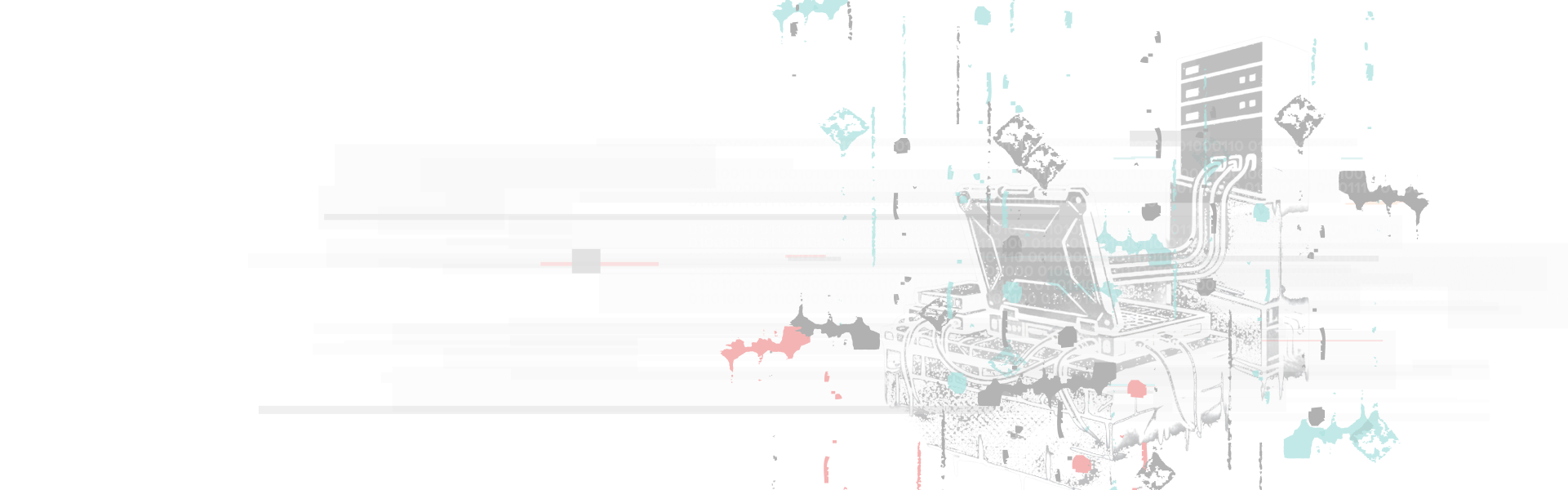 Offensive security illustration of industrial hardware and robotic systems with binary code overlay — Bishop Fox blog
