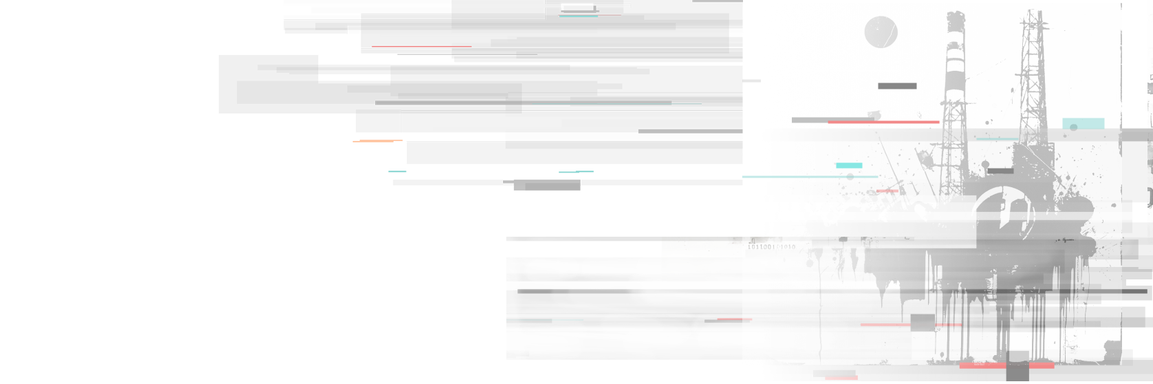 Glitch-style illustration of industrial towers and energy infrastructure with digital overlays, representing critical infrastructure cybersecurity.