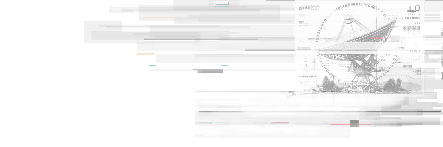 Glitch-style satellite dish with binary code and technical overlays, representing cybersecurity monitoring and threat intelligence.