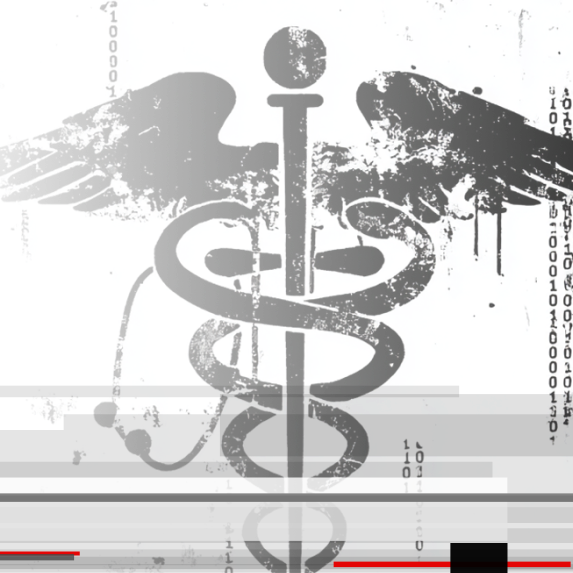Stylized caduceus with wings and snake, overlaid with binary code and glitch effects to represent cybersecurity in healthcare systems.