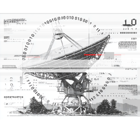 Satellite dish rendered with glitch effects, binary code, and technical interface elements representing cybersecurity and digital signal analysis.