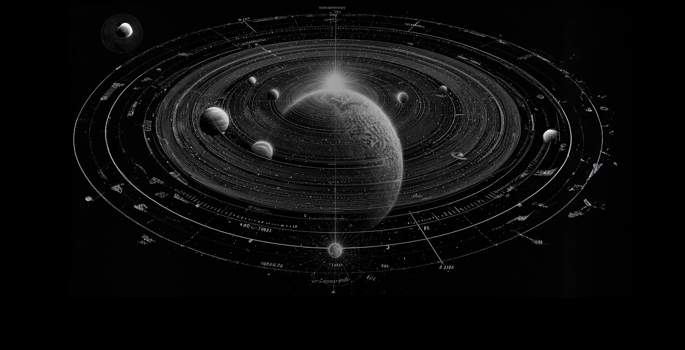 Abstract cosmic diagram showing planets orbiting around a central sphere, representing scale, interconnected systems, and AI-powered analysis.