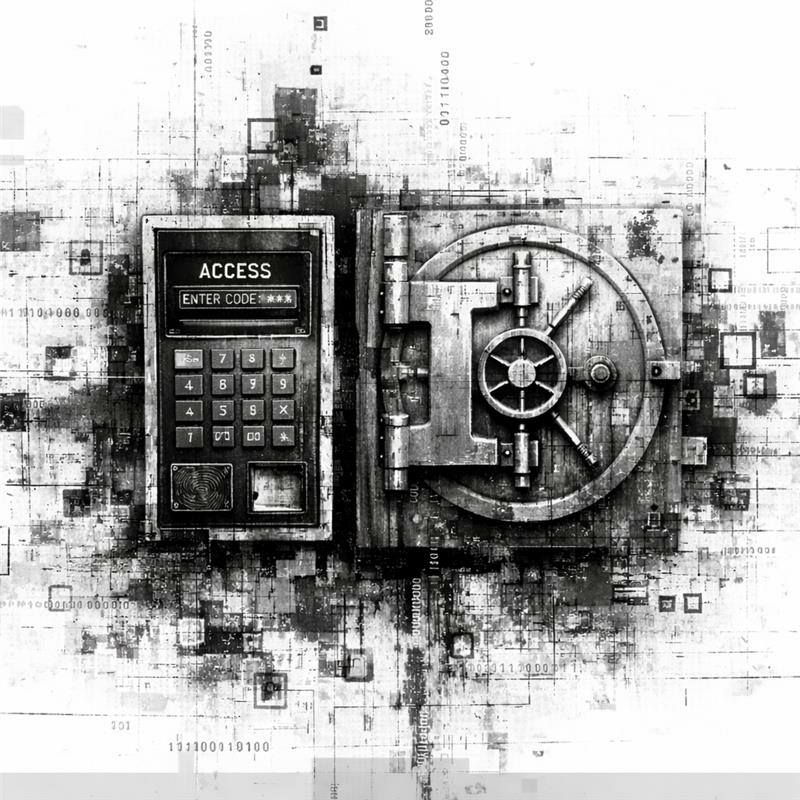 Cybersecurity-themed illustration of a secure vault door and keypad access panel with digital data overlays, symbolizing financial data protection and secure access control.