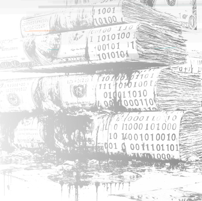Digital-style artwork of cash bundles covered in binary code, symbolizing financial cybersecurity and digital risk.