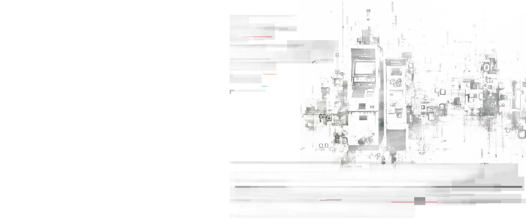 Stylized ATMs with fragmented interface elements and data artifacts, symbolizing banking infrastructure and cyber risk.