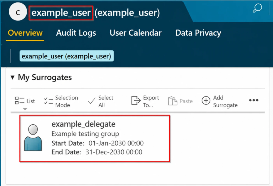 Figure 2: After the payload executed, a second account appeared as an active surrogate delegate on the targeted account. Account labels and dates are illustrative.