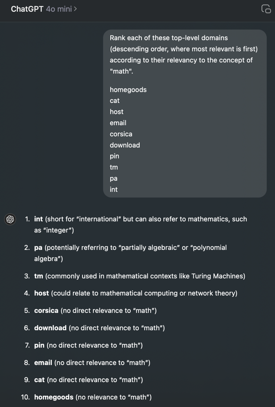 Screenshot of a ChatGPT session returning search result on random sample of 10 TLDs our Bishop Fox security researcher pulled from a DNS registrar.