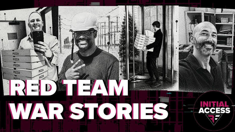 Initial Access Custom Payload Evasion Chained Network to Physical Breach and Satellite Hacking Red Team War Stories thumbnail with speaker headshots.