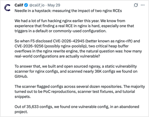 Figure 3: Calif (@calif_io) summarizing "Needle in a Haystack": out of 35,633 Nginx configs scanned with their open-source ngxray, one vulnerable config, in an abandoned project. Source: x.com/calif_io.