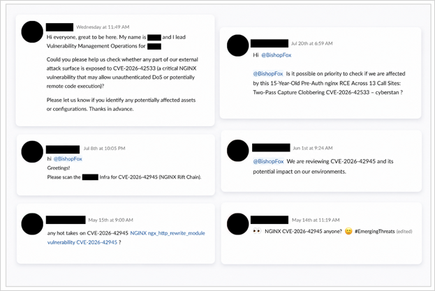 Figure 8: A sample of customer requests that followed each disclosure, echoing the headline framing ("critical NGINX vulnerability," "15-Year-Old Pre-Auth nginx RCE") and asking us to check their exposure.