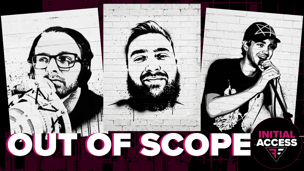 Initial Access podcast “Out of Scope” episode banner featuring three hosts discussing cyberattacks on French supermarkets, OpenAI insider threat, and AI-assisted bank attacks in South Korea.