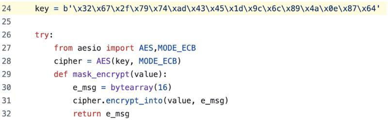 Figure 4: Key and code to perform AES-ECB encryption of BLE messages