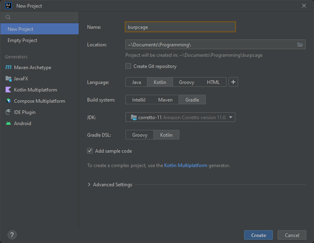 Figure 1 - Select preferred options in the IntelliJ New Project wizard