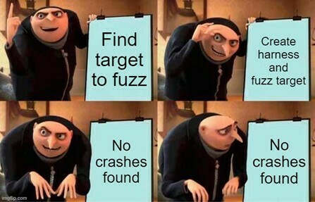 meme: Find target to fuzz to create harness and fuzz target to no crash found to no crashes found.