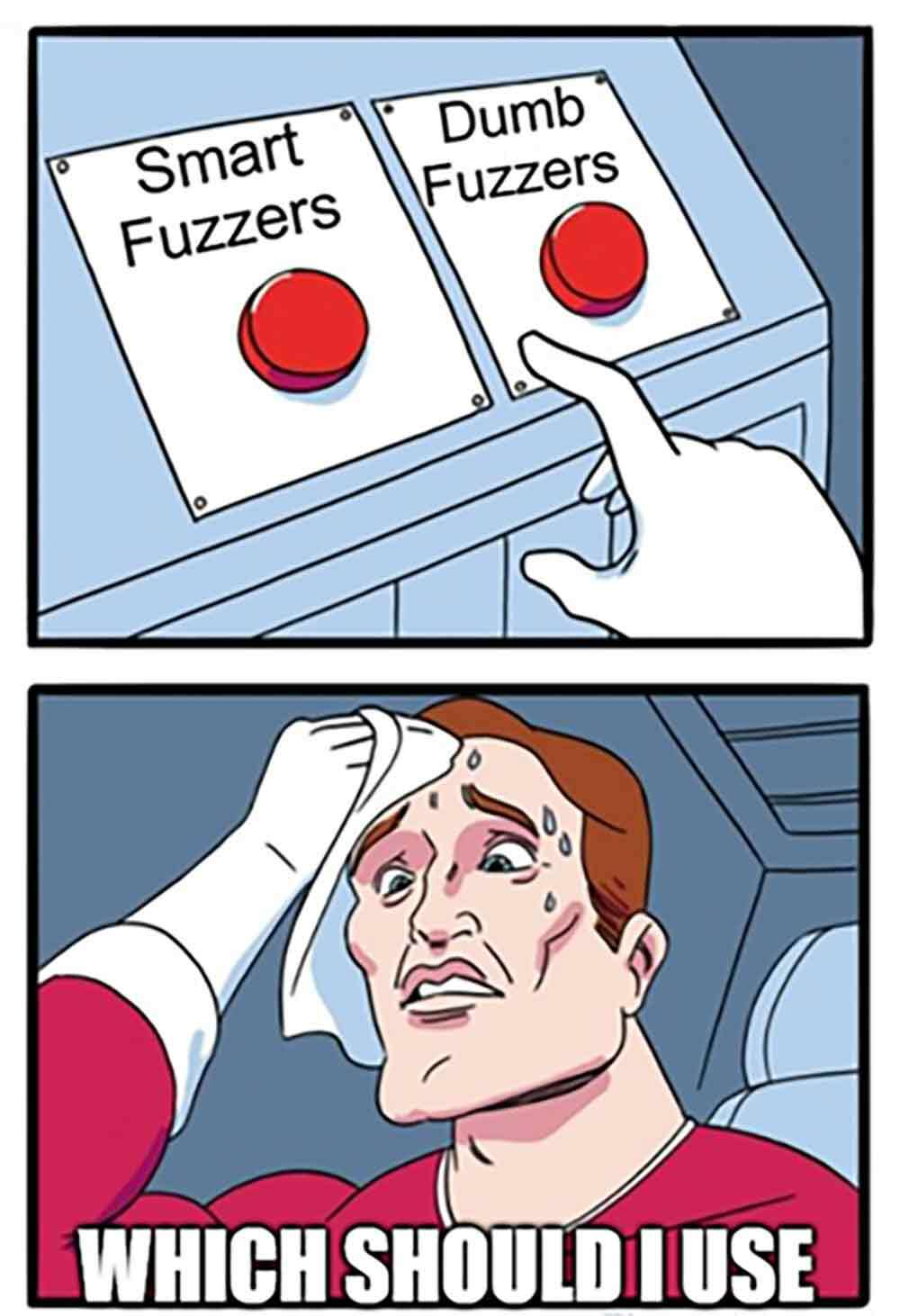 comic strip showing a super hero wondering if he should push the smart Fuzzer red button or the Dumb Fuzzer red button.