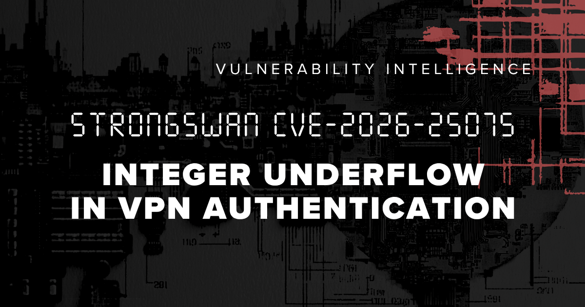 Dark graphic labeled vulnerability intelligence with text “strongSwan CVE-2026-25075 integer underflow in VPN authentication”.