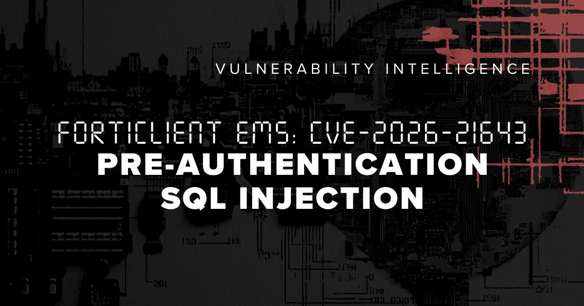 Cybersecurity graphic with red grid, city skyline, and circuitry background highlighting a FortiClient EMS SQL flaw.