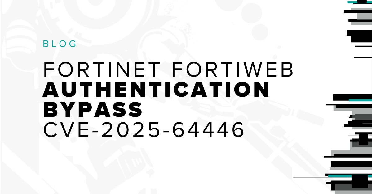 Fortinet Fortiweb Authentication Bypass CVE 2025 64446 blog tile with Bishop Fox branding with black and white colors.
