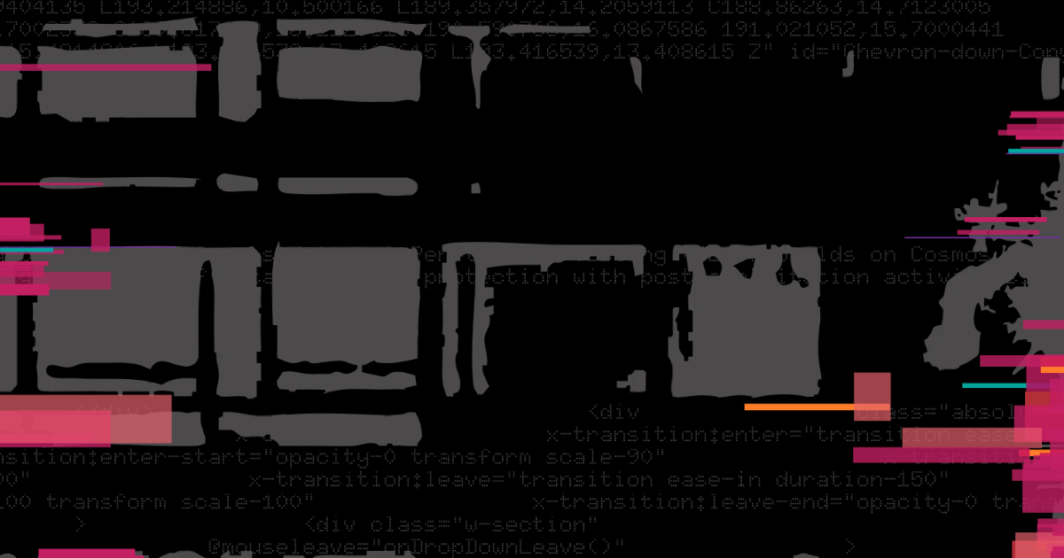 Abstract art with computer code and Bishop Fox logo on black background.