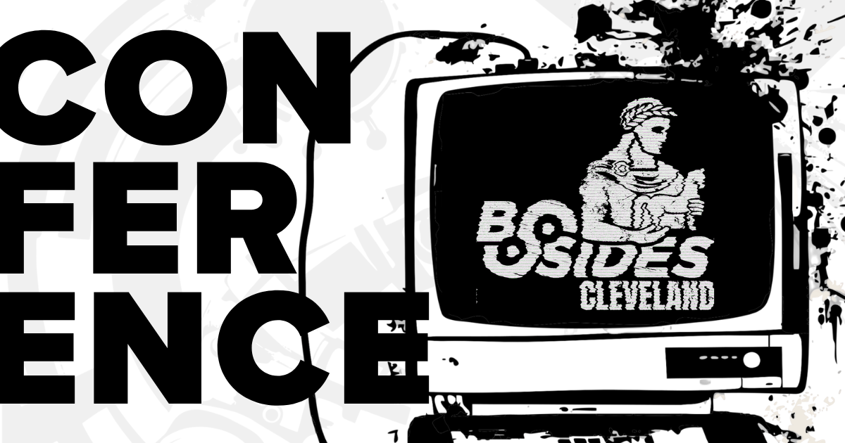 Conference BSides Cleveland 2026 with official logo in retro computer.
