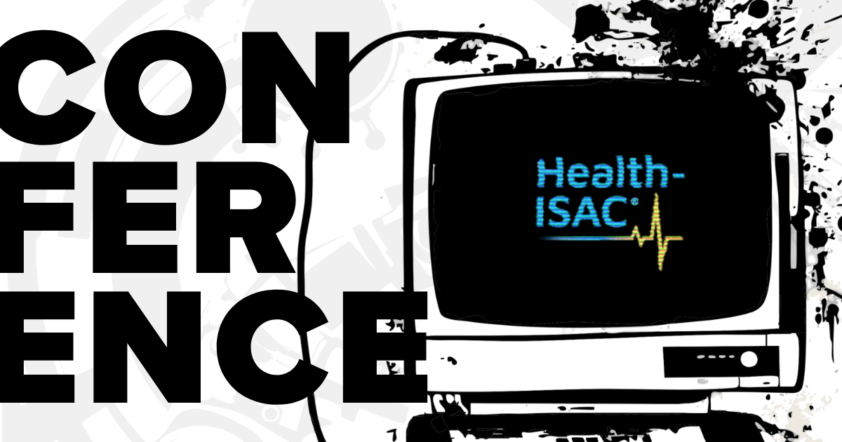 Health-ISAC Health Sector Security Workshop conference graphic featuring the Health-ISAC logo on a retro computer monitor.