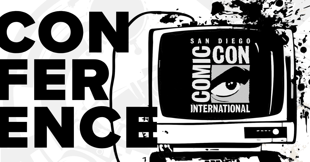 Conference San Diego Comic Con with Comic Con International official logo in retro computer.