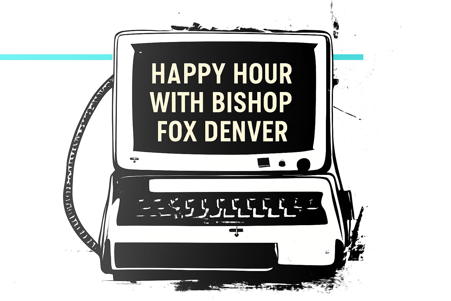 Bishop Fox Community Event Denver Alliance with old school computer and blue stripe.