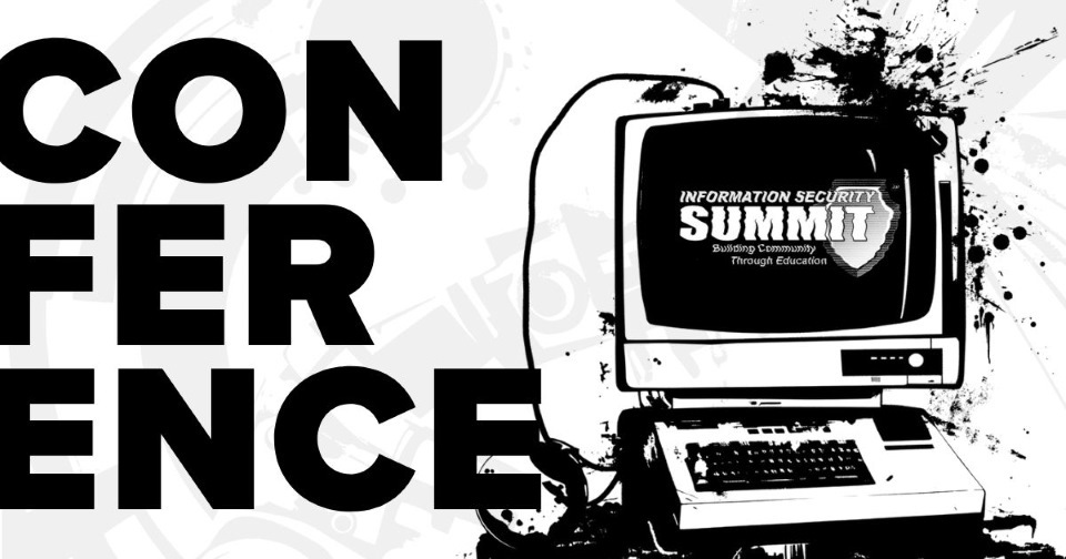 Information Security Summit Conference logo on Bishop Fox 2025 branding of computer with graphic in background.
