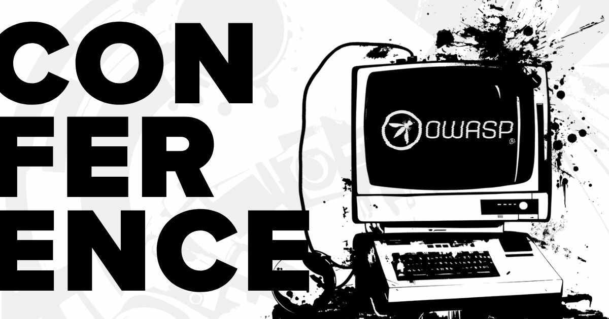 OWASP Conference graphic featuring retro computer with OWASP logo, promoting Bishop Fox speaker participation at Global AppSec 2025.
