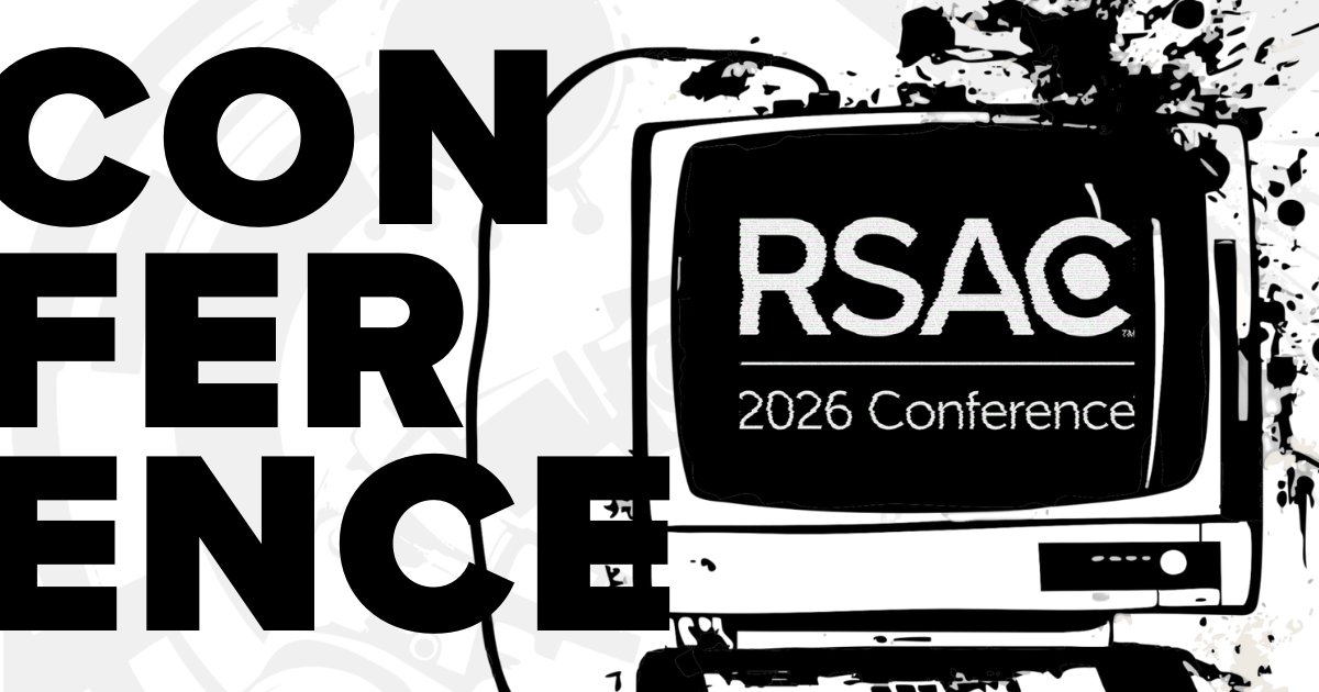 Bold black-and-white promotional graphic for RSAC 2026 Conference featuring large “CONFERENCE” typography alongside a retro computer monitor displaying “RSAC 2026 Conference,” with RSAC logo with modern grunge design elements and splatter accents.