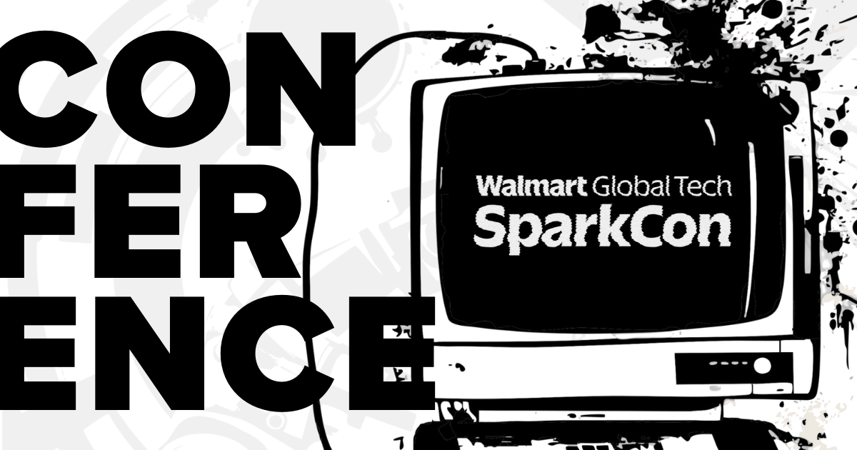 Walmart Global Tech SparkCon conference graphic featuring a retro computer monitor and bold ‘Conference’ typography in black and white.