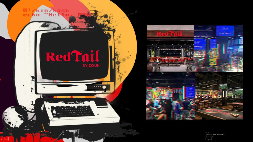 Red Tail logo indicating the location of the upcoming Bishop Fox community event with views of the venue.