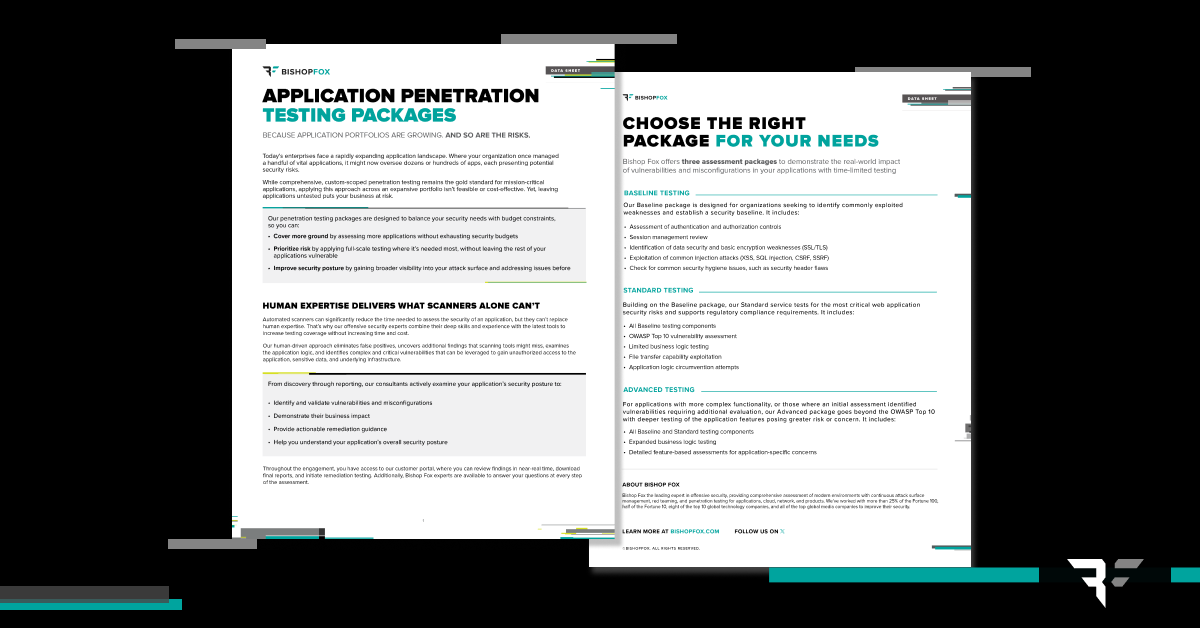 Two-page data sheet from Bishop Fox detailing application penetration testing packages. The left page highlights the benefits of testing, while the right page outlines three package tiers.