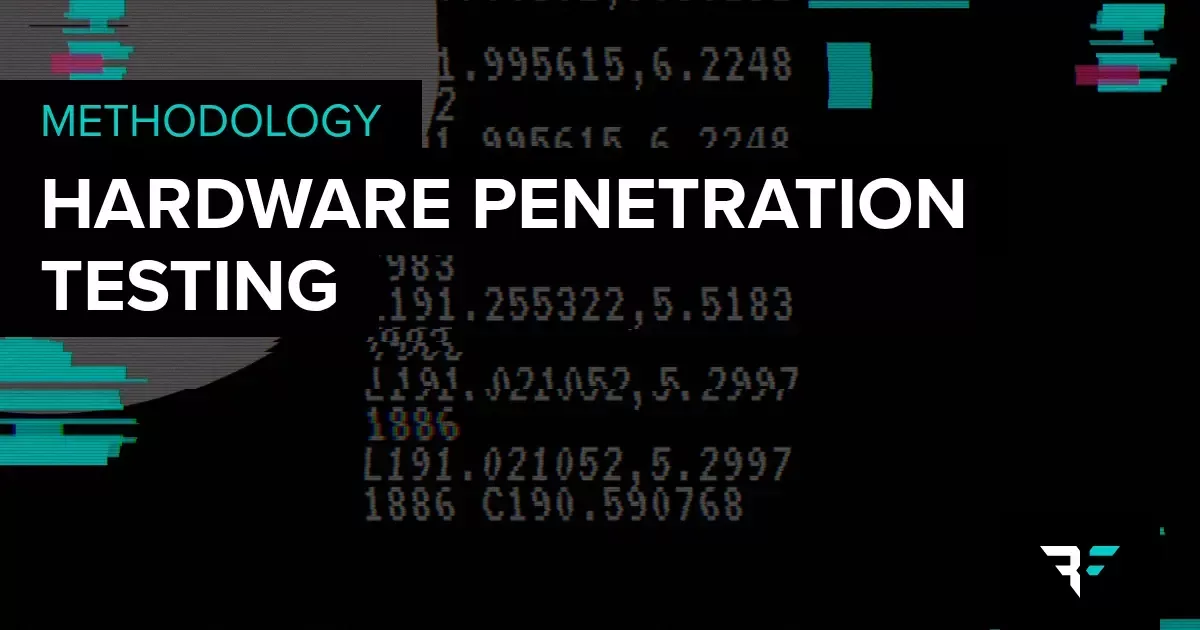Bishop Fox Hardware Penetration Testing Methodology card showing a background with distorted code and colored lines on black.
