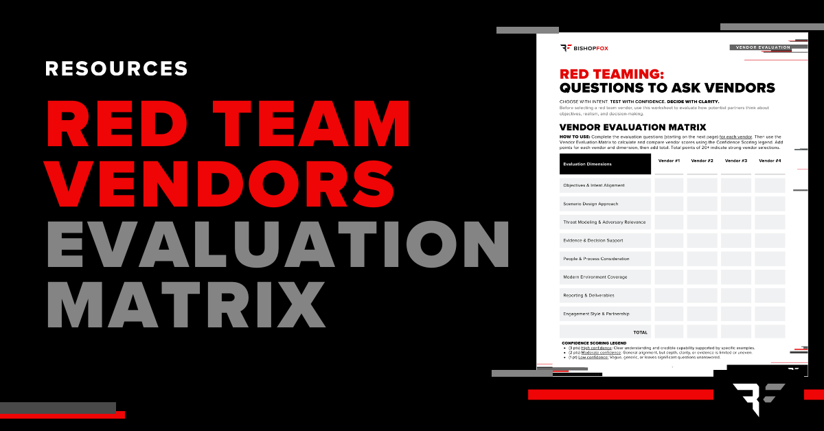 Red Team Vendors Evaluation Matrix resource graphic by Bishop Fox featuring a red teaming vendor evaluation worksheet.