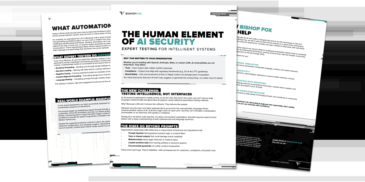 Bishop Fox solution brief on AI security testing for large language models (LLMs), featuring human-led adversarial prompt testing, social engineering techniques, and expert methodologies to assess and secure intelligent systems.