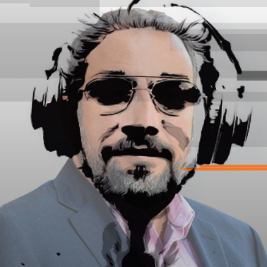 Alex Stamos headshot Hover State with headphones and sun glasses on.