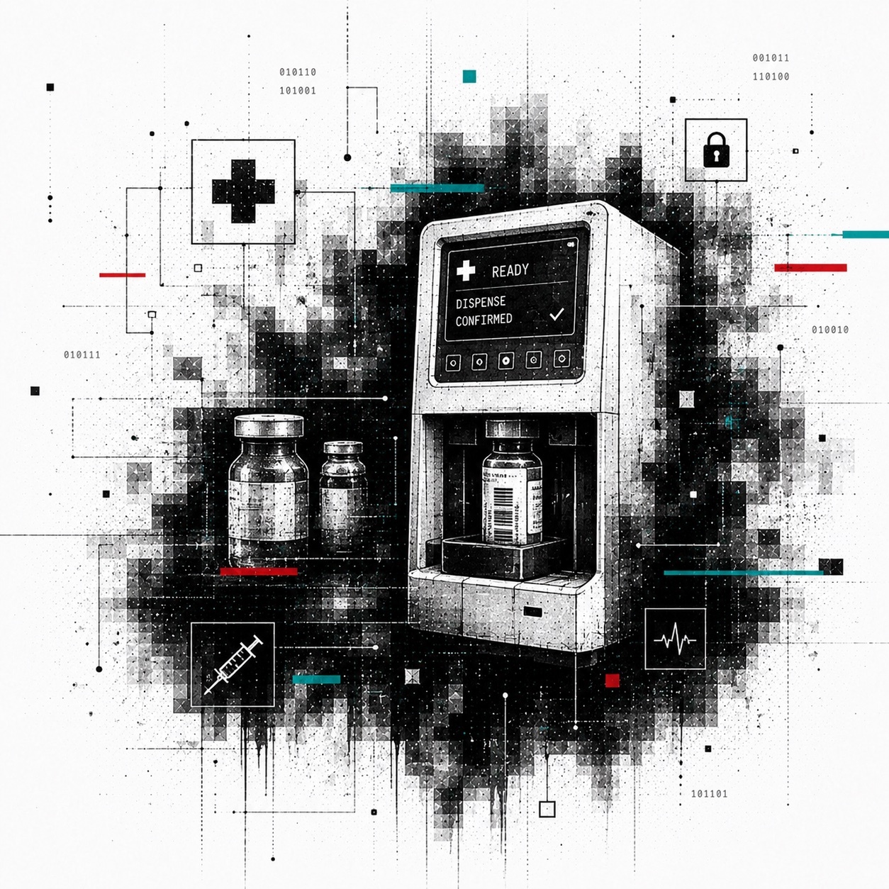 Illusion of healthcare prescription bottles, healthcare symbol, security lock, and heartrate reader representing healthcare technology and security.