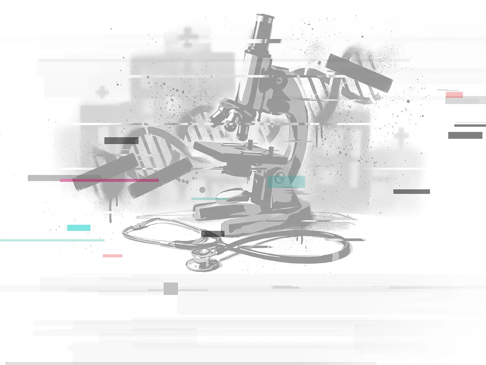 Customer story on how Bishop Fox helped a healthcare IT company improve their security posture represented by visuals around healthcare DNA research.