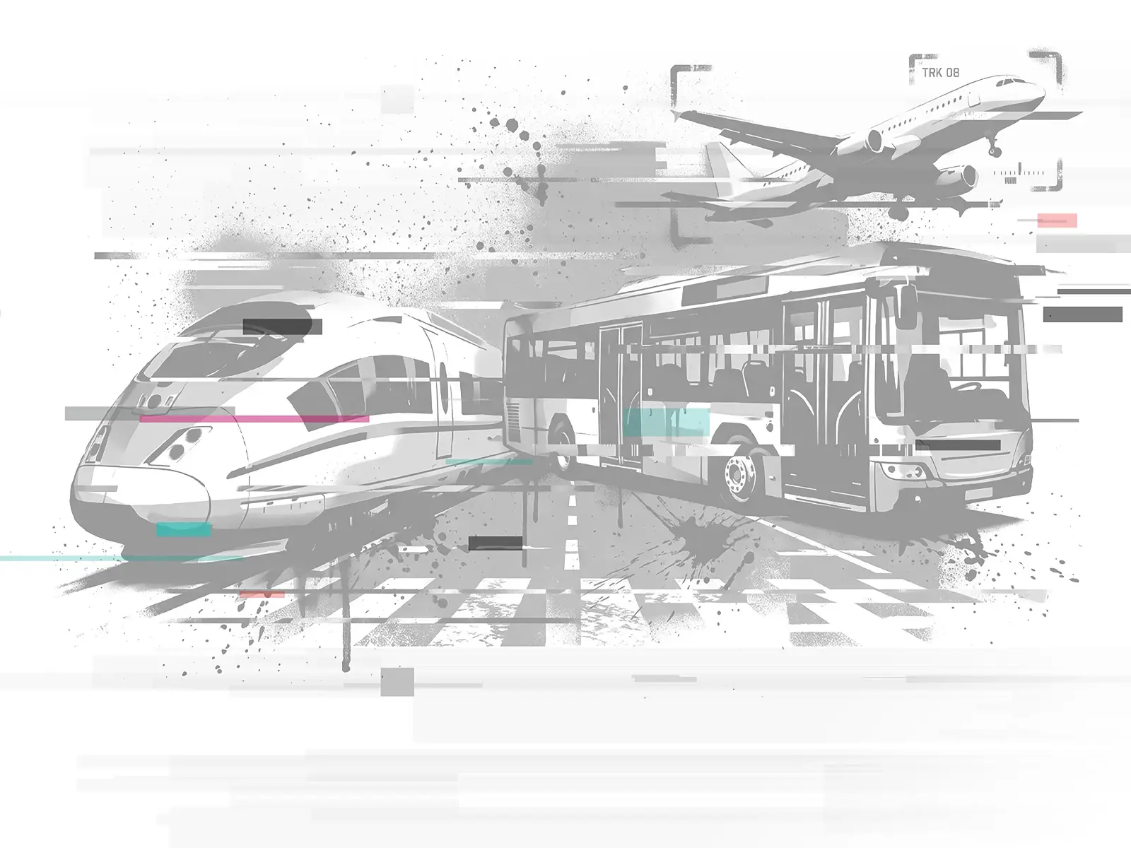 Train, bus, and plane with glitch and targeting overlays, depicting offensive security testing for the transportation and automotive industries.