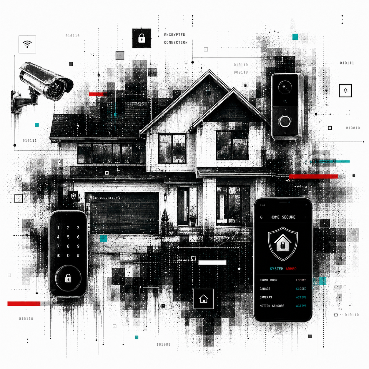 Illustration of a connected smart home with a security camera, smart lock, video doorbell, and mobile app representing residential security technology and connected home protection.